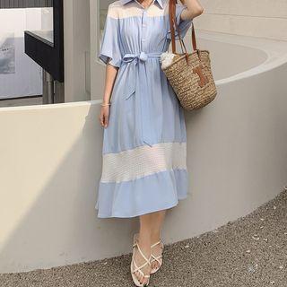 Elbow-sleeve Two Tone Shirt Dress