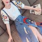Set: Short-sleeve Embroidered Blouse + Midi A-line Denim Skirt