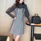 Set: Mock-neck Puff-sleeve Blouse + Patterned Overall Dress