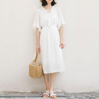 Bell-sleeve Midi Chiffon Dress White - One Size