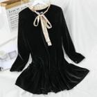 Bow-accent Velvet Long-sleeve Dress Black - One Size
