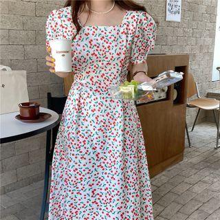 Puff-sleeve Square Neck Cherry Print Dress