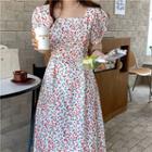 Puff-sleeve Square Neck Cherry Print Dress