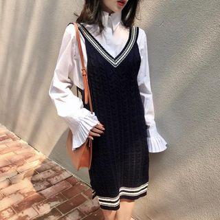 Accordion Pleated Cuff Shirt / Contrast Trim Sleeveless Knit Dress