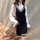 Accordion Pleated Cuff Shirt / Contrast Trim Sleeveless Knit Dress