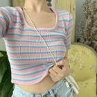 Short-sleeve Striped Cropped Top Stripe - Pink - One Size