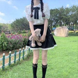 Puff-sleeve Blouse With Bow / Lace Trim Mini A-line Skirt