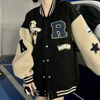 Bear Embroidered Baseball Jacket Black - One Size