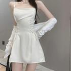 Plain Cardigan / Spaghetti Strap Lace Up Mini A-line Dress