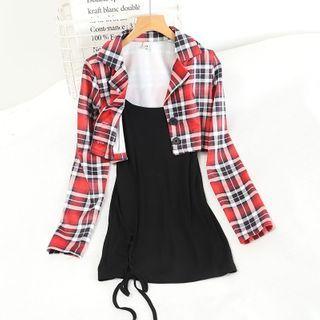 Set: Plaid Cropped Button-up Jacket + Spaghetti Strap Mini Dress