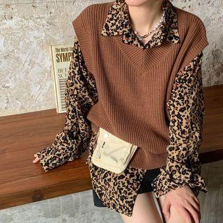 Long-sleeve Leopard Print Shirt / Knit Vest