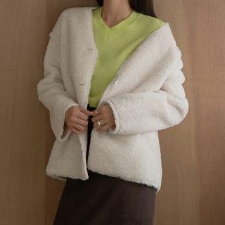 V-neck Fleece Jacket With Bucket Bag