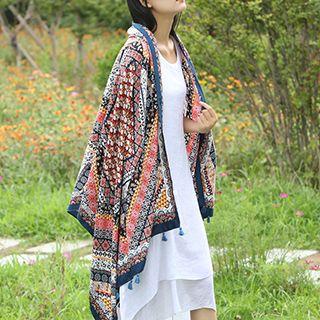 Tasseled Floral Print Linen Blend Scarf