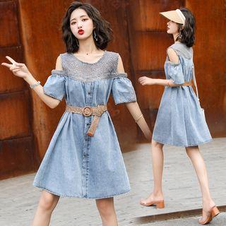 Elbow-sleeve Cold Shoulder Denim A-line Dress