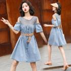 Elbow-sleeve Cold Shoulder Denim A-line Dress