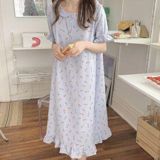 Bell-sleeve Orange Print Midi Sleep Dress