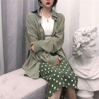 Plain Long-sleeve Loose-fit Shirt / Dot High-waist Skirt