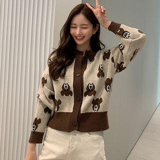 Contrast-trim Bear-pattern Cardigan