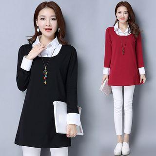 Plain Long-sleeve Mock Two-piece Shirt