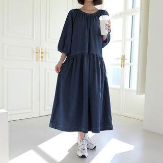 Stitched Shirred Maxi Denim Dress
