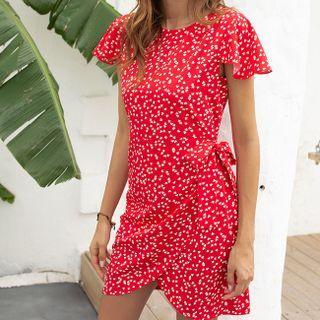 Short-sleeve Heart Print Bow Accent Mini Sheath Dress