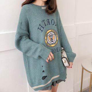 Perforated Lettering Embroidered Sweater