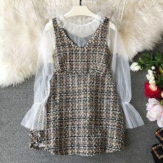 Set: Long-sleeve Mesh Top + Mini A-line Tweed Pinafore Dress