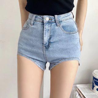 High Waist Asymmetrical Hem Denim Hot Pants
