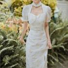 Short-sleeve Floral Cutout Midi Dress