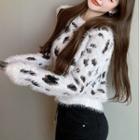 Leopard Print Cropped Sweater White - One Size