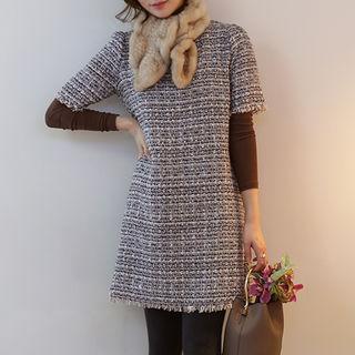 Short-sleeve Tweed Dress Blue - One Size