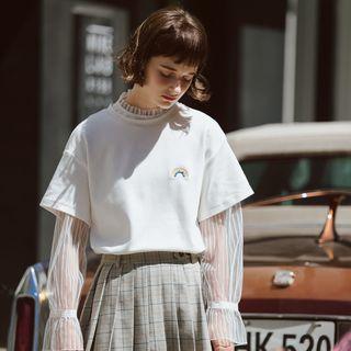 Mock Two-piece Long-sleeve Mesh Panel T-shirt