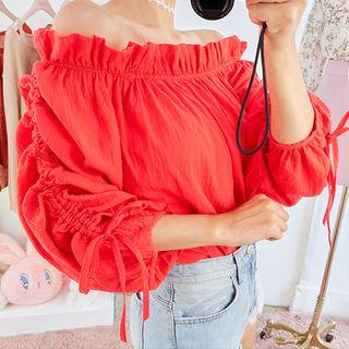 Off-shoulder Drawstring Balloon-sleeve Top