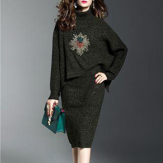 Set: Turtleneck Paneled Sweater + Knit Skirt
