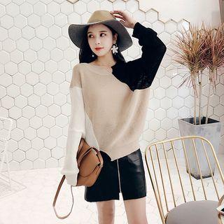 Set: Long-sleeve Three Tone Knit Top + Faux Leather Mini Skirt