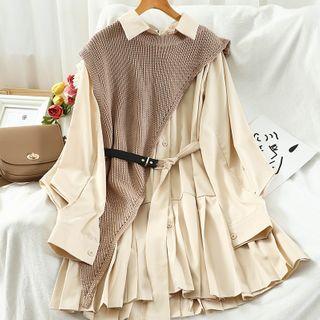 Set: Long-sleeve Mini Shirtdress + Irregular Hem Knit Vest
