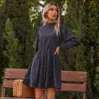 Long Sleeve Stand Collar Dotted A-line Dress