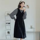 Set: Plaid Blouse + Plain Midi A-line Overall Dress