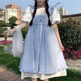 Puff-sleeve Midi A-line Dress / Ruffled Bow A-line Overall Dress