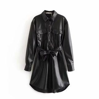 Faux Leather Long-sleeve Mini A-line Dress