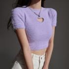 Short-sleeve Round Neck Faux-fur Sweater Purple - One Size
