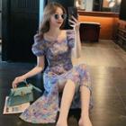 Short-sleeve Flower Print Midi A-line Dress / Camisole Top