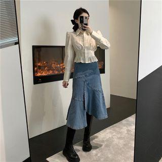 Pleated Blouse / Denim Midi A-line Skirt