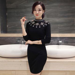 Elbow-sleeve Mock-neck Sequined Plain Slim Dress