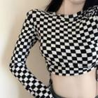 Long-sleeve Checkerboard Cropped T-shirt Check - Black & White - One Size