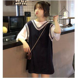 Elbow-sleeve T-shirt / Contrast Trim Sleeveless Dress