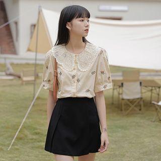 Elbow-sleeve Collar Embroidered Blouse