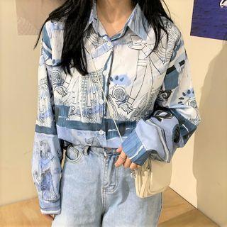 Long-sleeve Print Shirt Grayish Blue - One Size