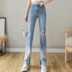 High-waist Gradient Ripped Wide-leg Jeans