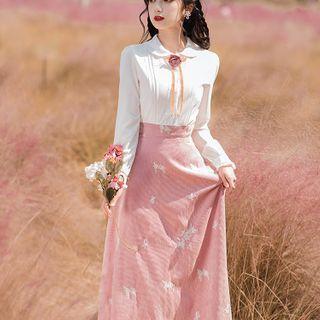 Set: Floral Blouse + High-waist Midi Dress